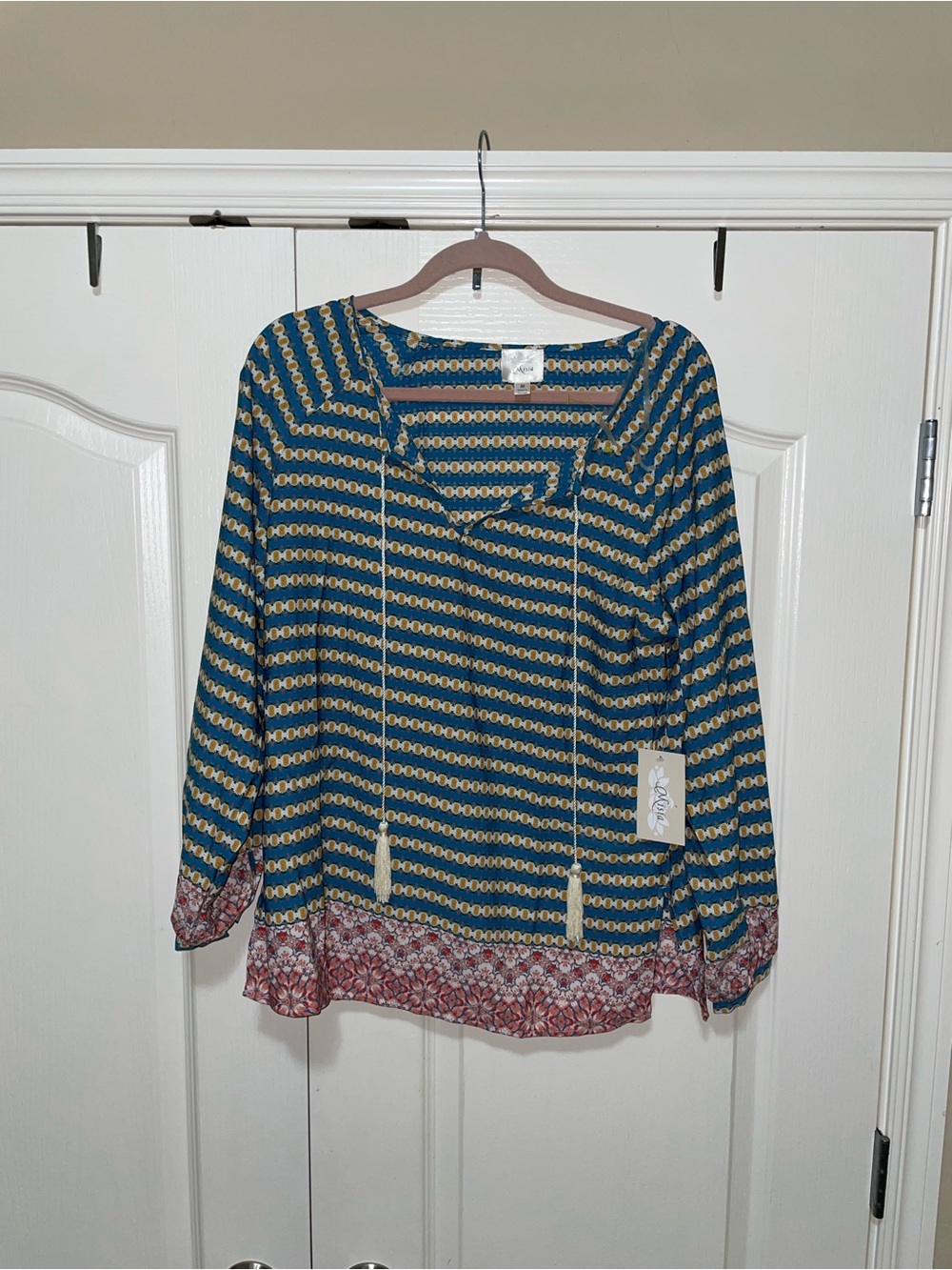 Misia Teal and Pink Patterned Long-Sleeve Blouse